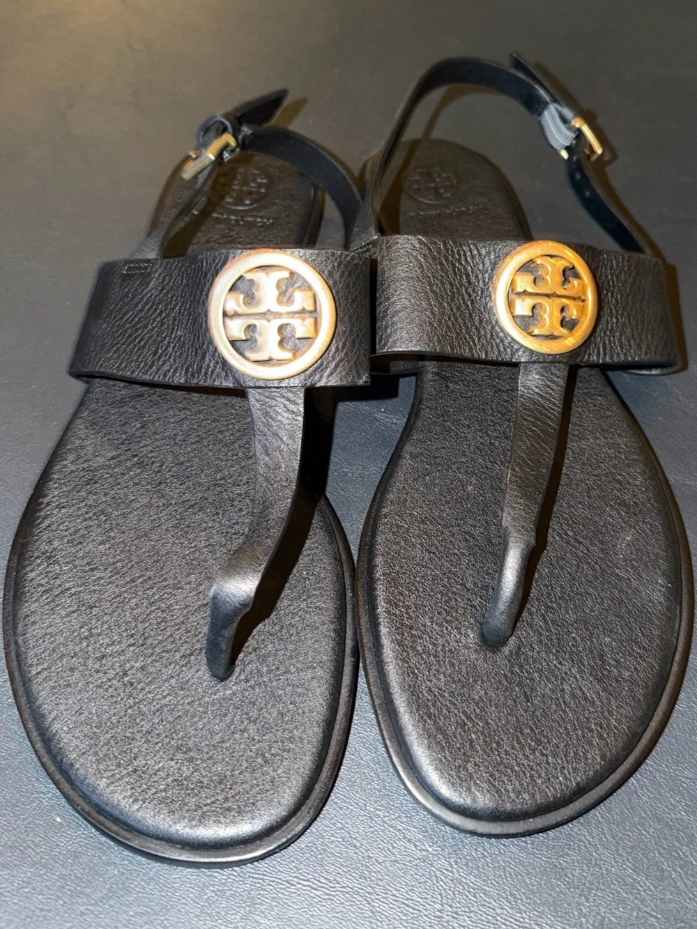 Tory Burch Benton 2 Black Ankle Strap Sandals with Gold Emblem-Size 8